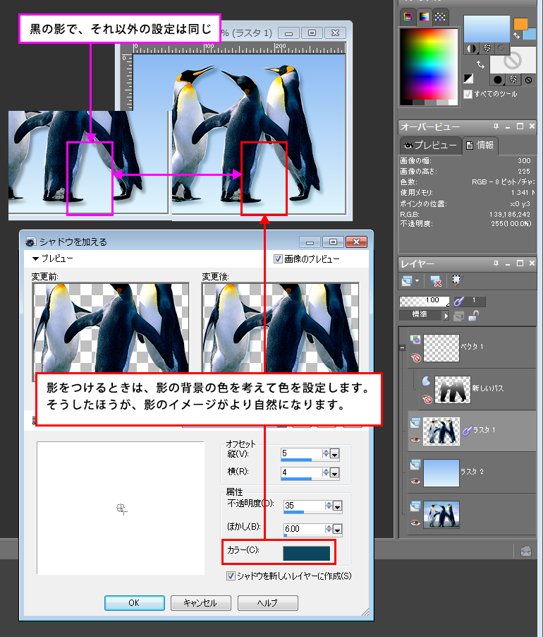 Paint Shop Pro Photo（ペイントショッププロ）－「効果」→「3D効果」→「シャドウを加える」の説明3