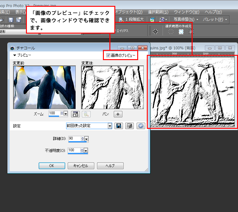 Paint Shop Pro Photo（ペイントショッププロ）－「効果」→「アートメディア効果」→「チャコール」の説明。2