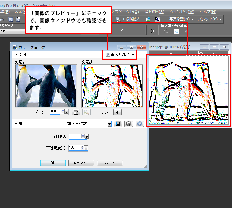 Paint Shop Pro Photo（ペイントショッププロ）－「効果」→「アートメディア効果」→「カラーチョーク」の説明。2