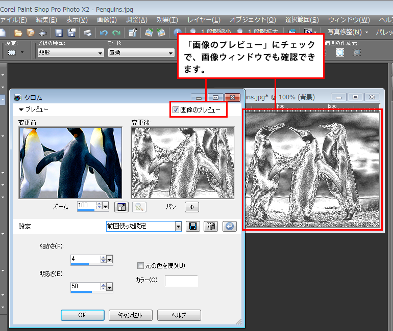 Paint Shop Pro Photo（ペイントショッププロ）－「効果」→「アーティスティック効果」→「クロム」の説明。2