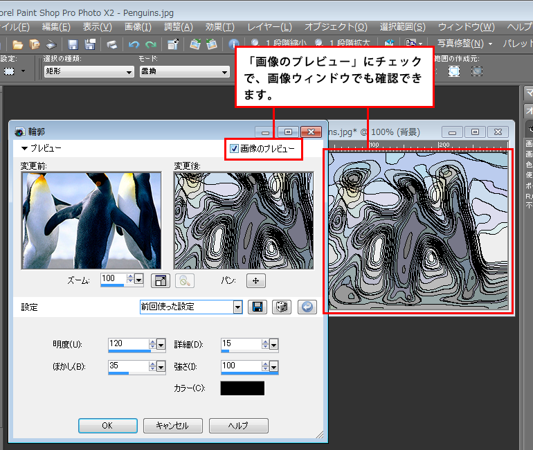 Paint Shop Pro Photo（ペイントショッププロ）－「効果」→「アーティスティック効果」→「輪郭」の説明。2