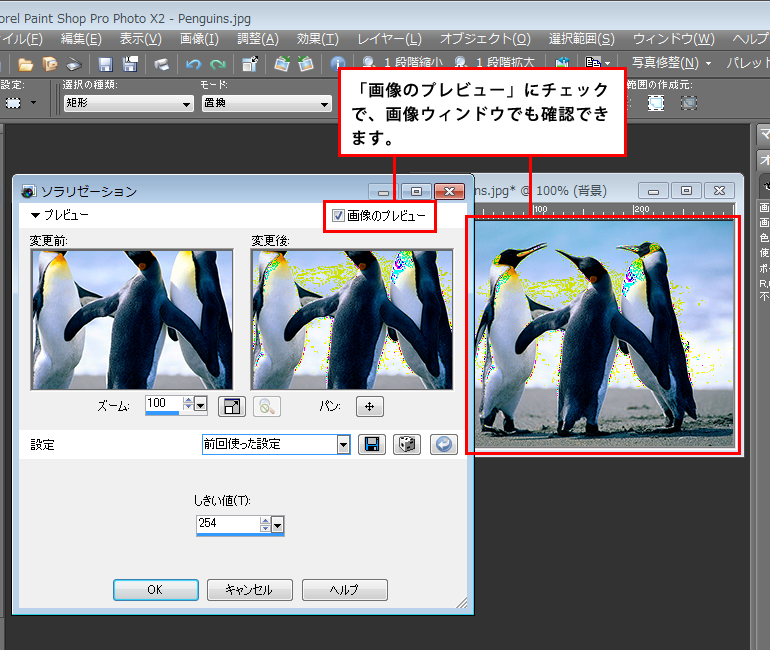 Paint Shop Pro Photo（ペイントショッププロ）－「効果」→「アーティスティック効果」→「ソラリゼーション」の説明。2