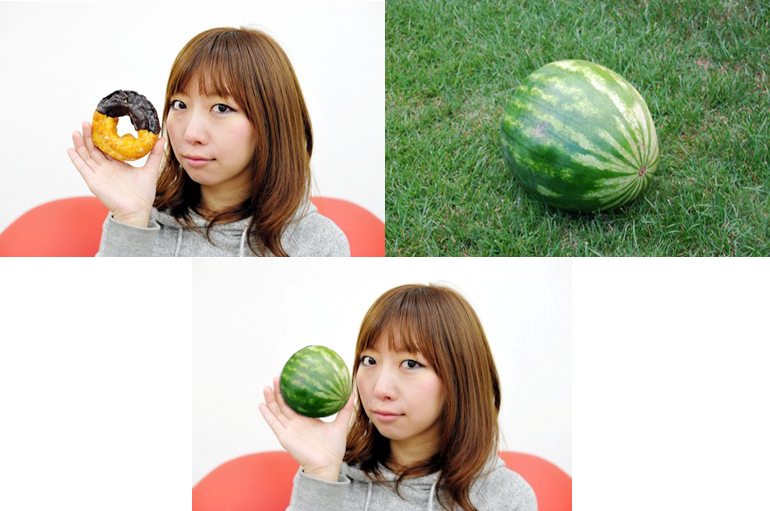 合成画像：ミニスイカをもつ女性