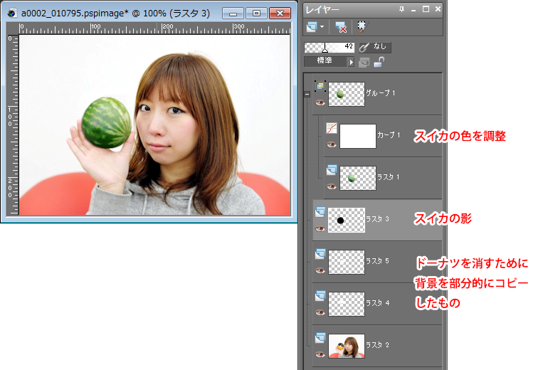 Paint Shop Pro Photo（ペイントショッププロ）－合成画像：ミニスイカをもつ女性1