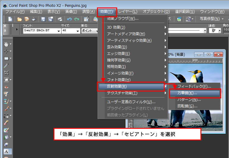 Paint Shop Pro Photo(ペイントショッププロ)-「効果」→「反射効果」→「万華鏡」の説明。1