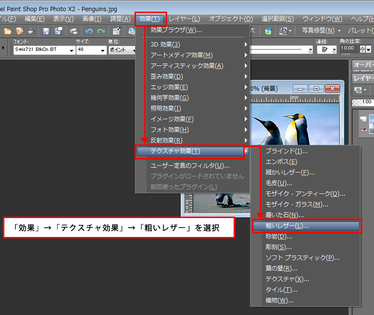 Paint Shop Pro Photo（ペイントショッププロ）－「効果」→「テクスチャ効果」→「粗いレザー」の説明。1