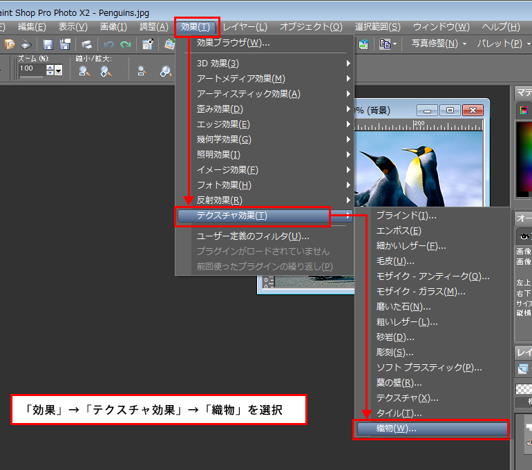 Paint Shop Pro Photo（ペイントショッププロ）－「効果」→「テクスチャ効果」→「織物」の説明。1