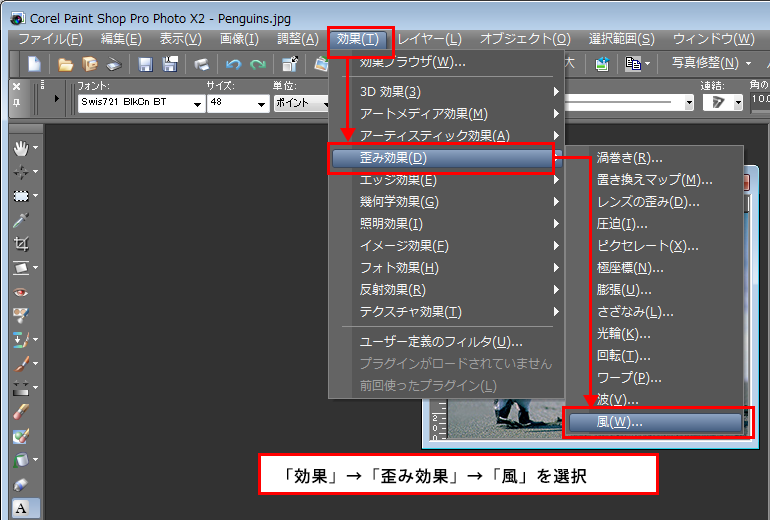 Paint Shop Pro Photo（ペイントショッププロ）－「効果」→「歪み効果」→「風」の説明。1