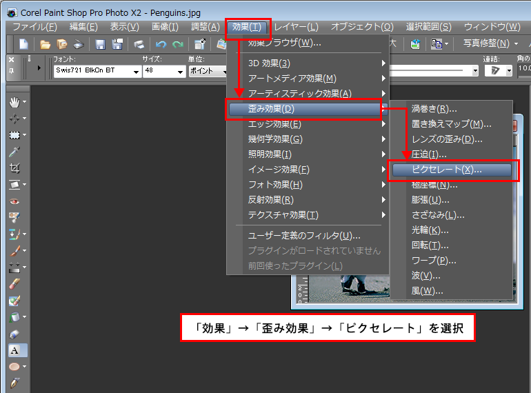 Paint Shop Pro Photo（ペイントショッププロ）－「効果」→「歪み効果」→「ピクセレート」（モザイク）の説明。1