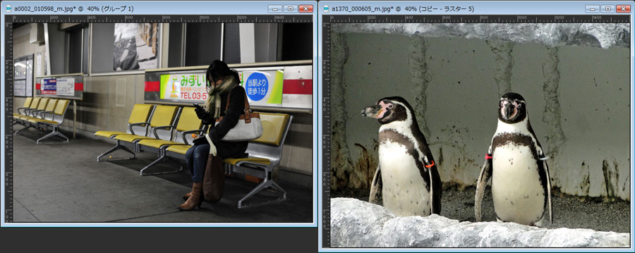 駅のベンチでスマホを見ている女性とペンギンを合成