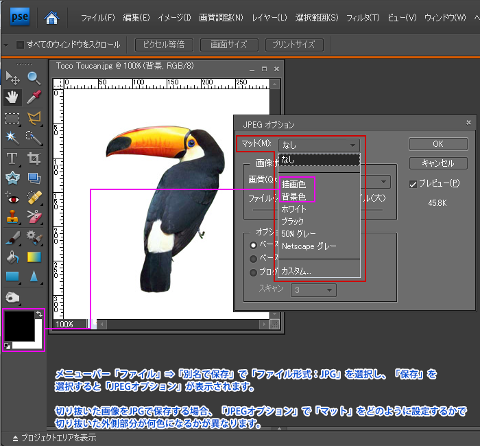 Adobe Photoshop Elements7 操作マニュアル（使い方）-切り抜いて透明がある場合のJPG保存のポイント1